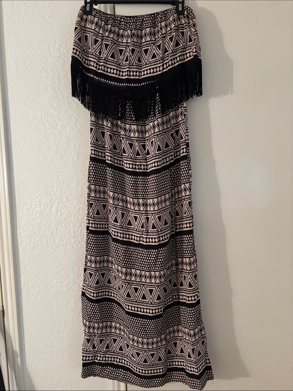 Rue21 Black & Cream Strapless Fringe Maxi Dress - Geometric Print